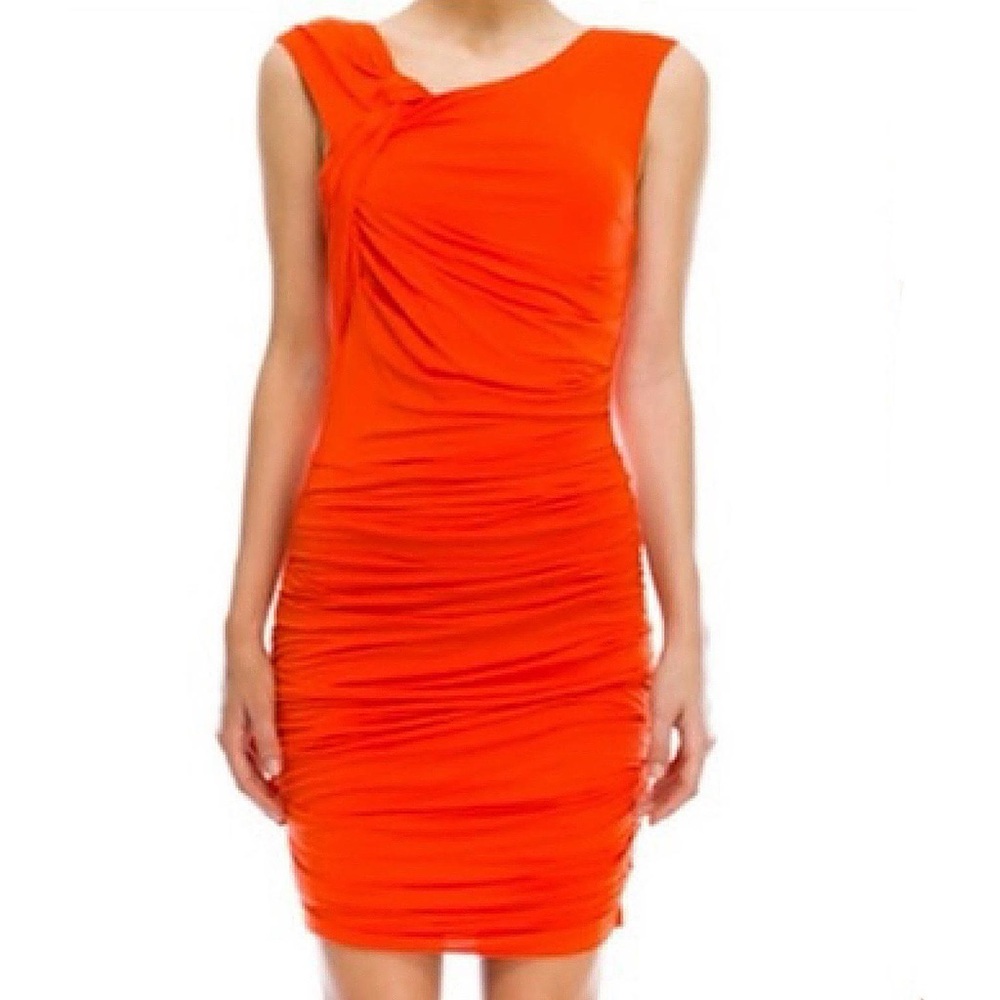 Orange Ruched Bodycon Mini Dress | Sleeveless Jersey Stretch | Summer XS S